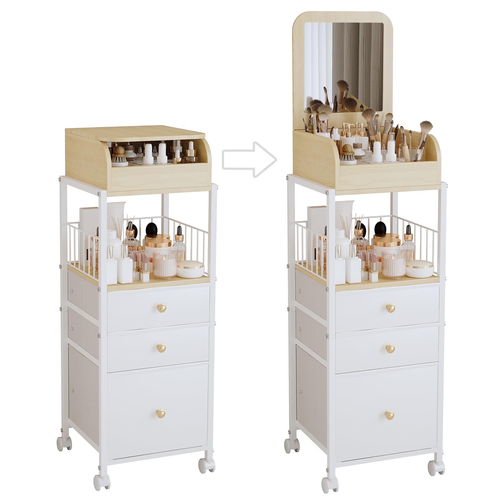 Makeup Cart Organizer with Mirror, Floor Makeup Organizer Large- Make Up Organizers Vanity Cart Cosmetic Display Cases Holder for Skin Care Perfume Nail Polish Brush Hair Tool (Gold)