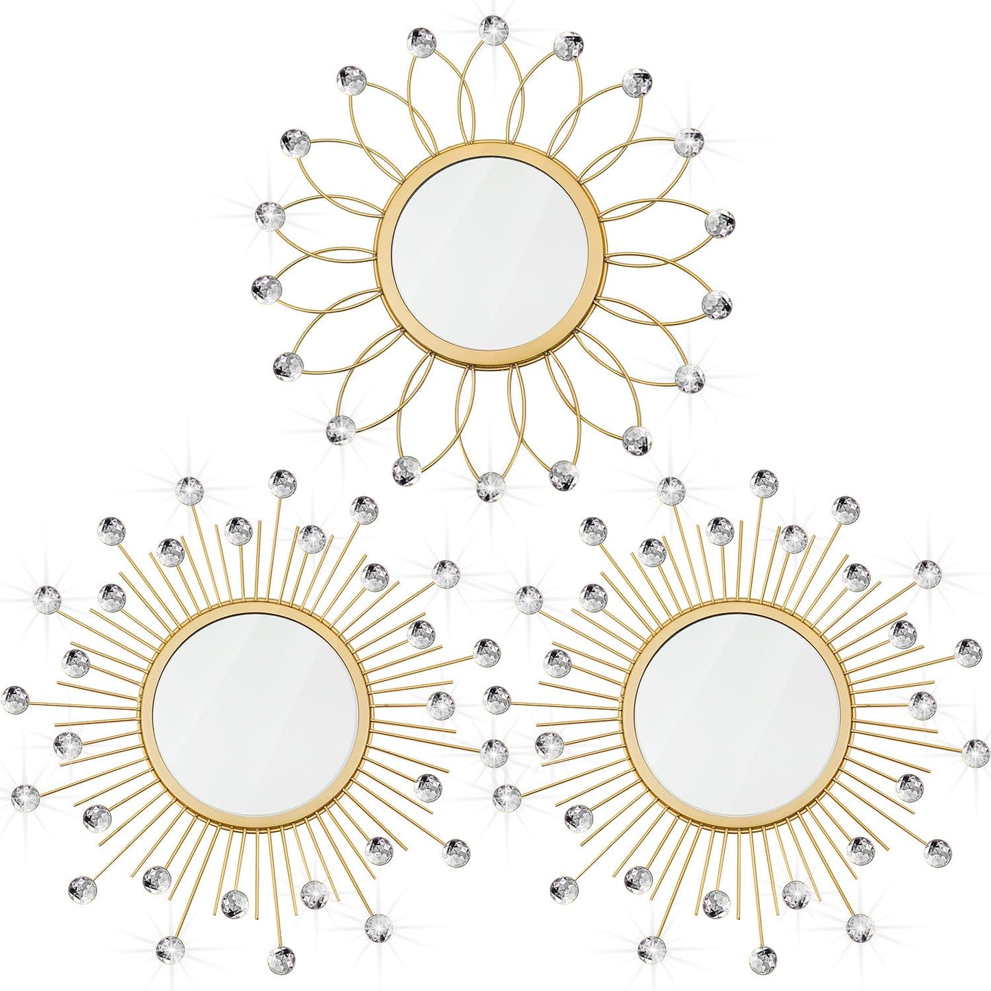 3 Pack Metal Mirrors for Wall Sunburst Wall Mirrors Home Décor Decorative Hanging Wall Art for Living Room Bedroom Entryway (Gold, Flower+Sunburst)
