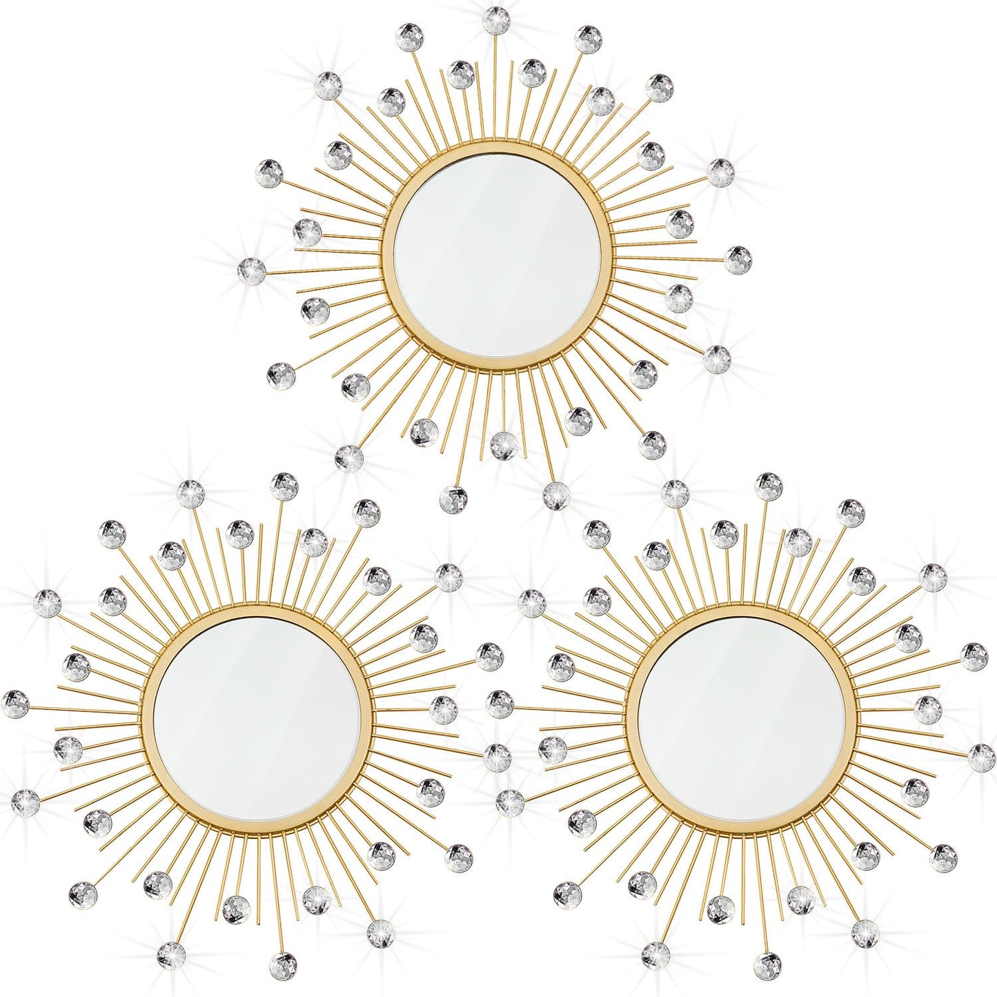 3 Pack Metal Mirrors for Wall Sunburst Wall Mirrors Home Décor Decorative Hanging Wall Art for Living Room Bedroom Entryway (Gold, Flower+Sunburst)