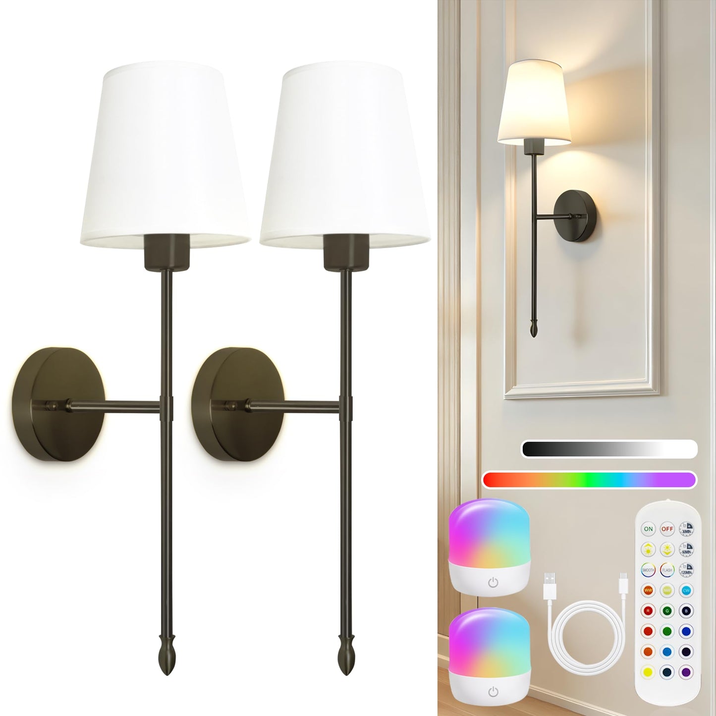 Battery Operated Wall Sconces Set of 2, Rechargeable Gold Wall Sconce with Remote Control, 12 Colors RGB Magnetic Bulb, Wireless Battery Wall Lamp for Bedroom Living Room Hallway
