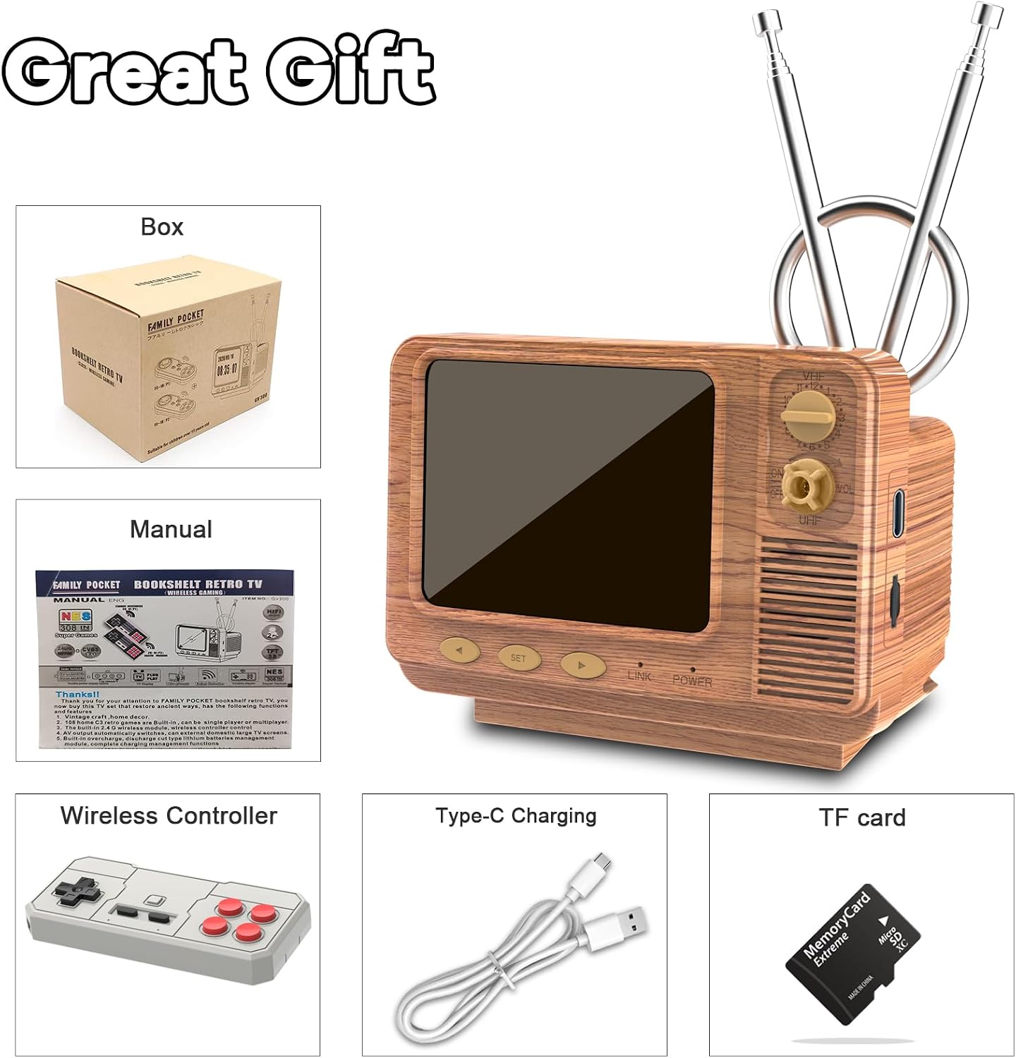 Mini TV Retro Handheld Game Console -JALECO Licensed Classic Games, Portable Gaming Toy with TF Card to Expand 80s 90s Games, Support Two Players & Game Save, Ideal Gift for Boys Girls (Wood)
