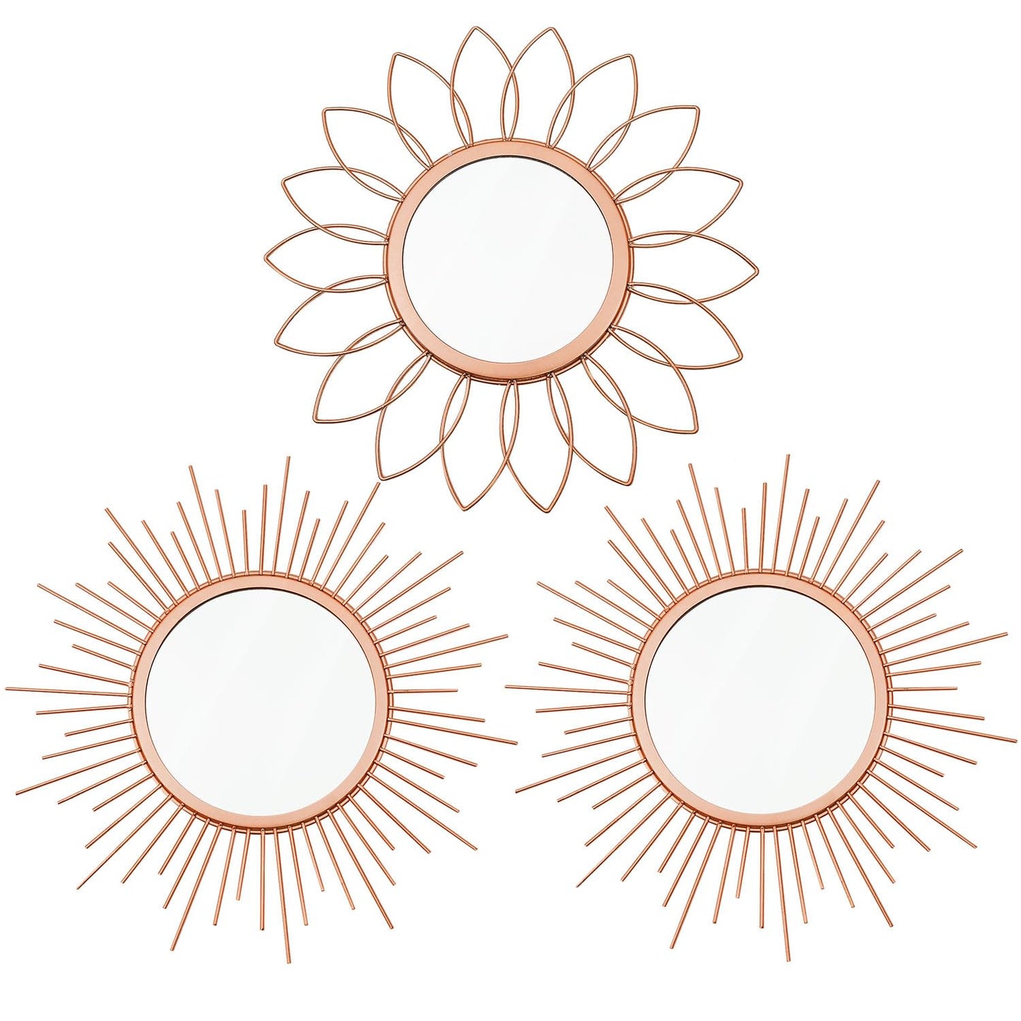 3 Pack Metal Mirrors for Wall Sunburst Wall Mirrors Home Décor Decorative Hanging Wall Art for Living Room Bedroom Entryway (Gold, Flower+Sunburst)