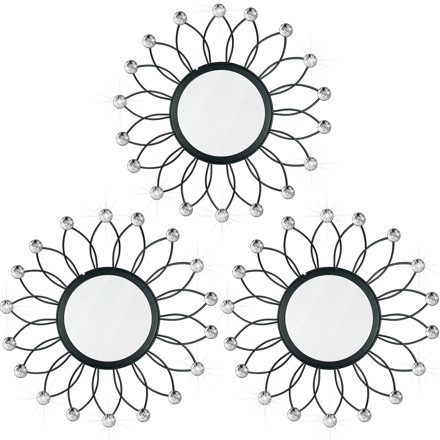3 Pack Metal Mirrors for Wall Sunburst Wall Mirrors Home Décor Decorative Hanging Wall Art for Living Room Bedroom Entryway (Gold, Flower+Sunburst)