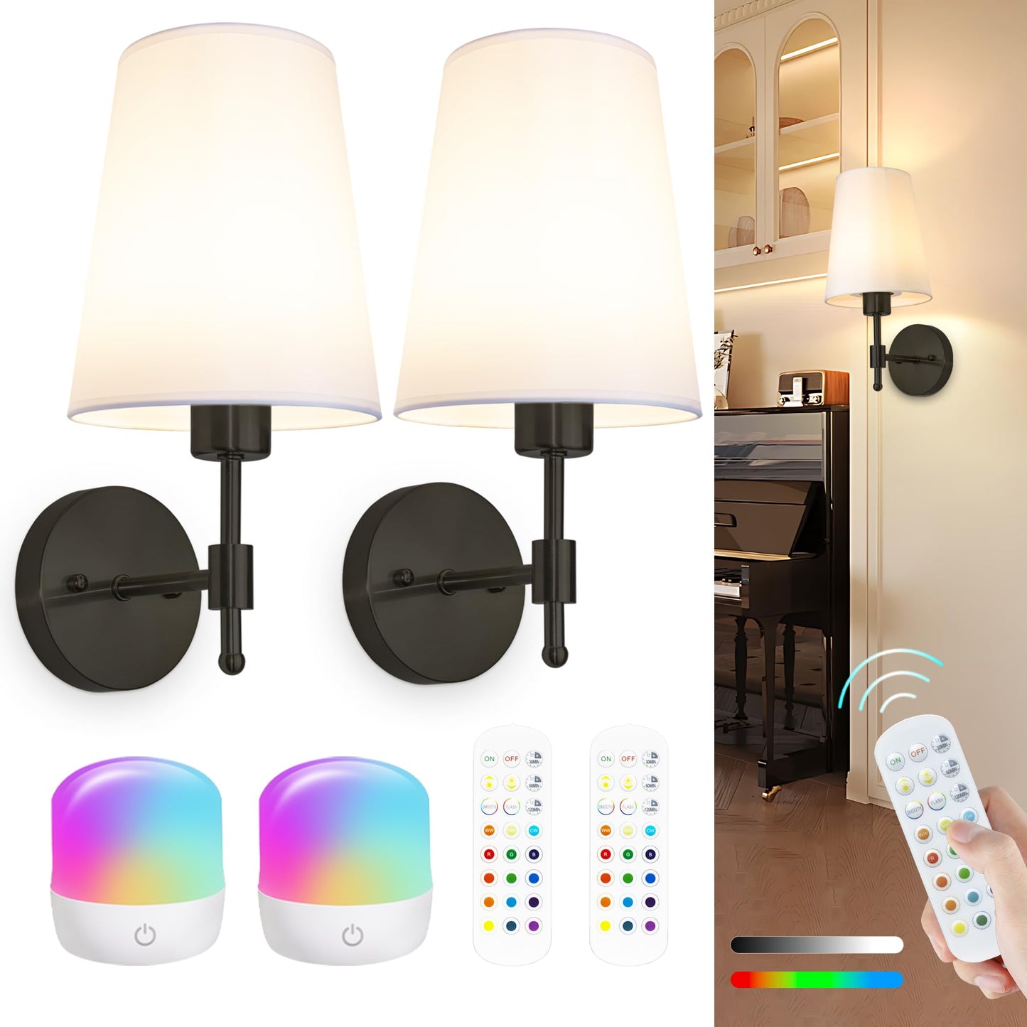 Battery Operated Wall Sconces Set of 2, Rechargeable Gold Wall Sconce with Remote Control, 12 Colors RGB Magnetic Bulb, Wireless Battery Wall Lamp for Bedroom Living Room Hallway