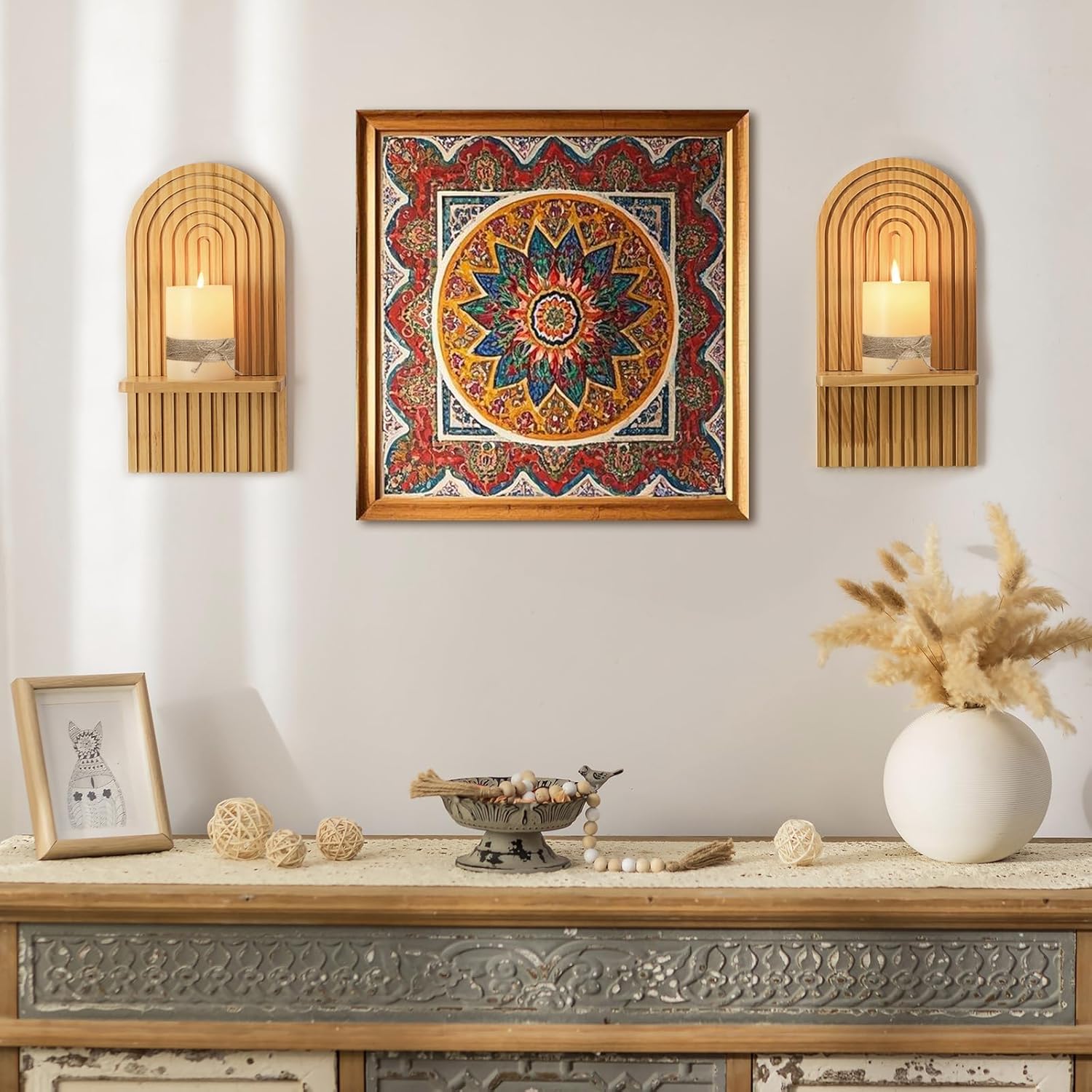 Boho Wall Decor Set of Two - Natural Modern Minimalist Mid Century Wall Candle Holder for Living Room - Wood Bohemian Decor for Bathroom Nursery Bedroom