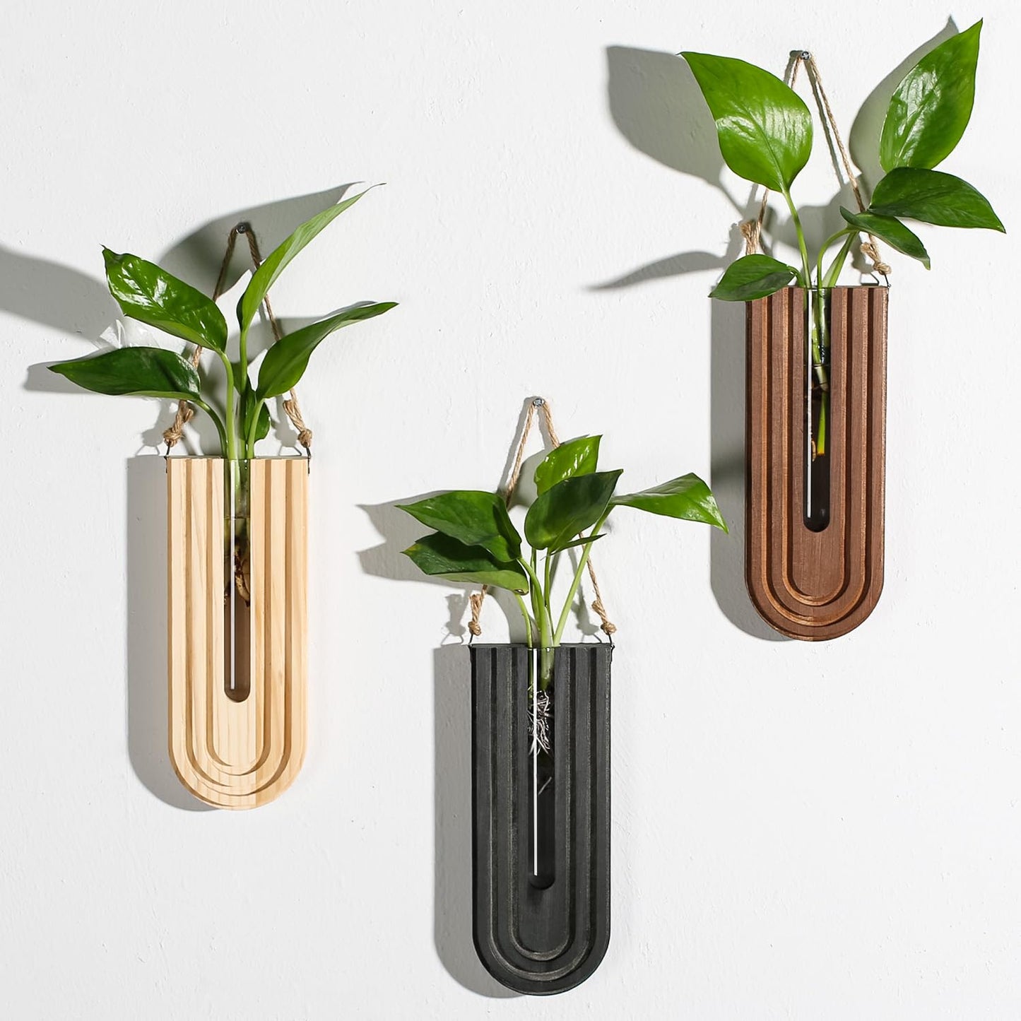2 Pack Wooden Wall Vase Set - Brown Finish Modern Farmhouse & Boho Wall Decor for Entryway, Hallway, Bathroom, Living Room, Dining Room, Narrow Spaces